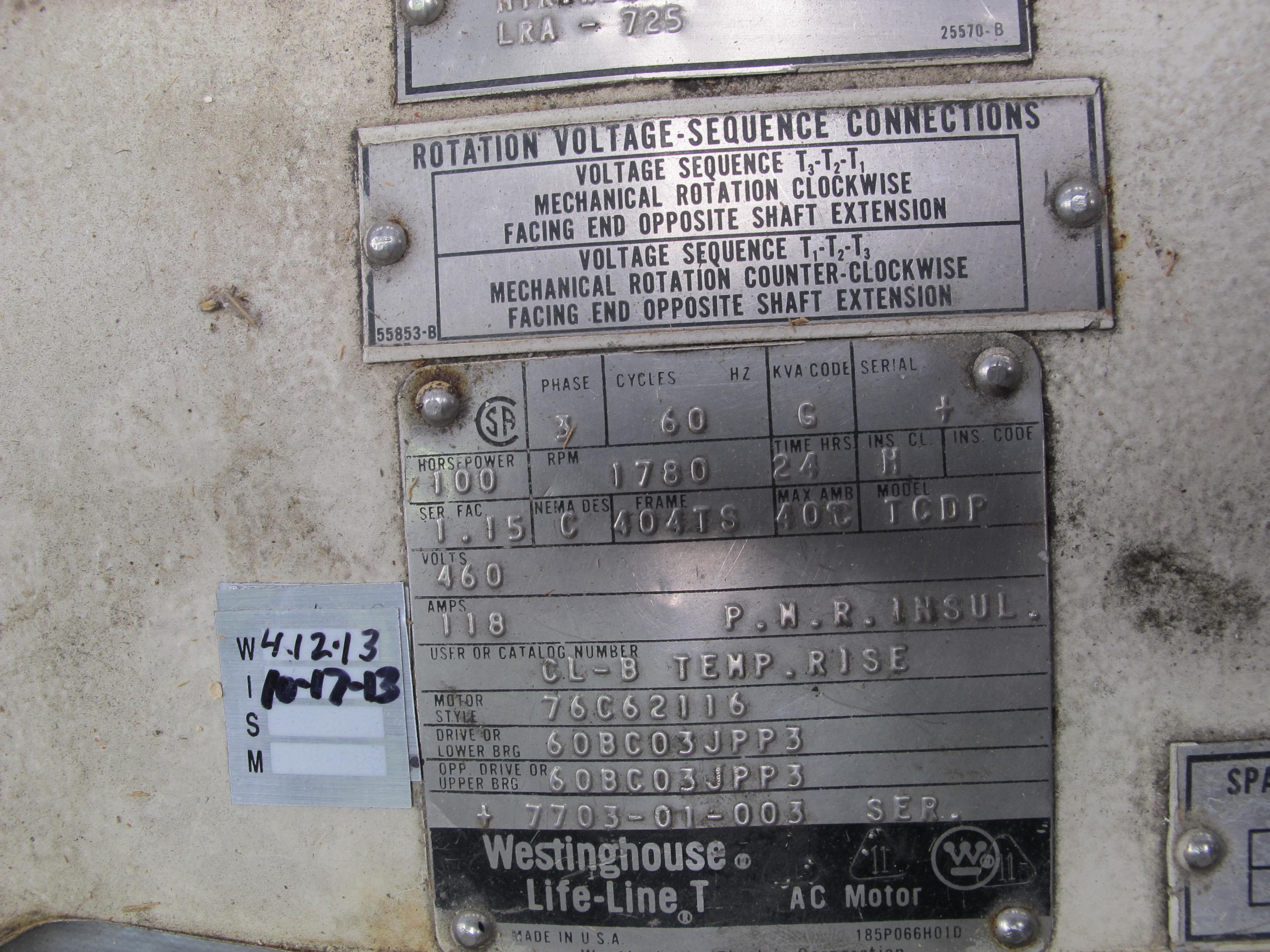 MOTOR, ELECTRIC TYPE, 100 HORSEPOWER, 460V, 3 PHASE ELEC RATING, 1800 RPM, 404TS FRAME, 118FLA AMPS, 1.15 SERVICE FACTOR. NEMADESIGN C, INSULATION H, 40 DEGREE C AMBIENT, WEIGHT 830 LBS 120W, 480V SPACE HEATER (W-44) LOADING & HANDLING FEE $15-